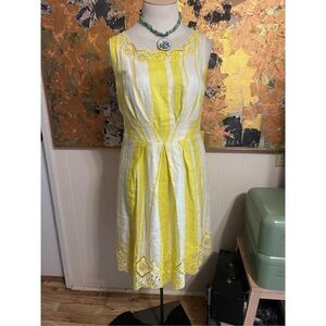 Rene Derhy Paris Sweet Yellow Linen Blend Sleeveless Eyelet Trimmed Day Dress XL